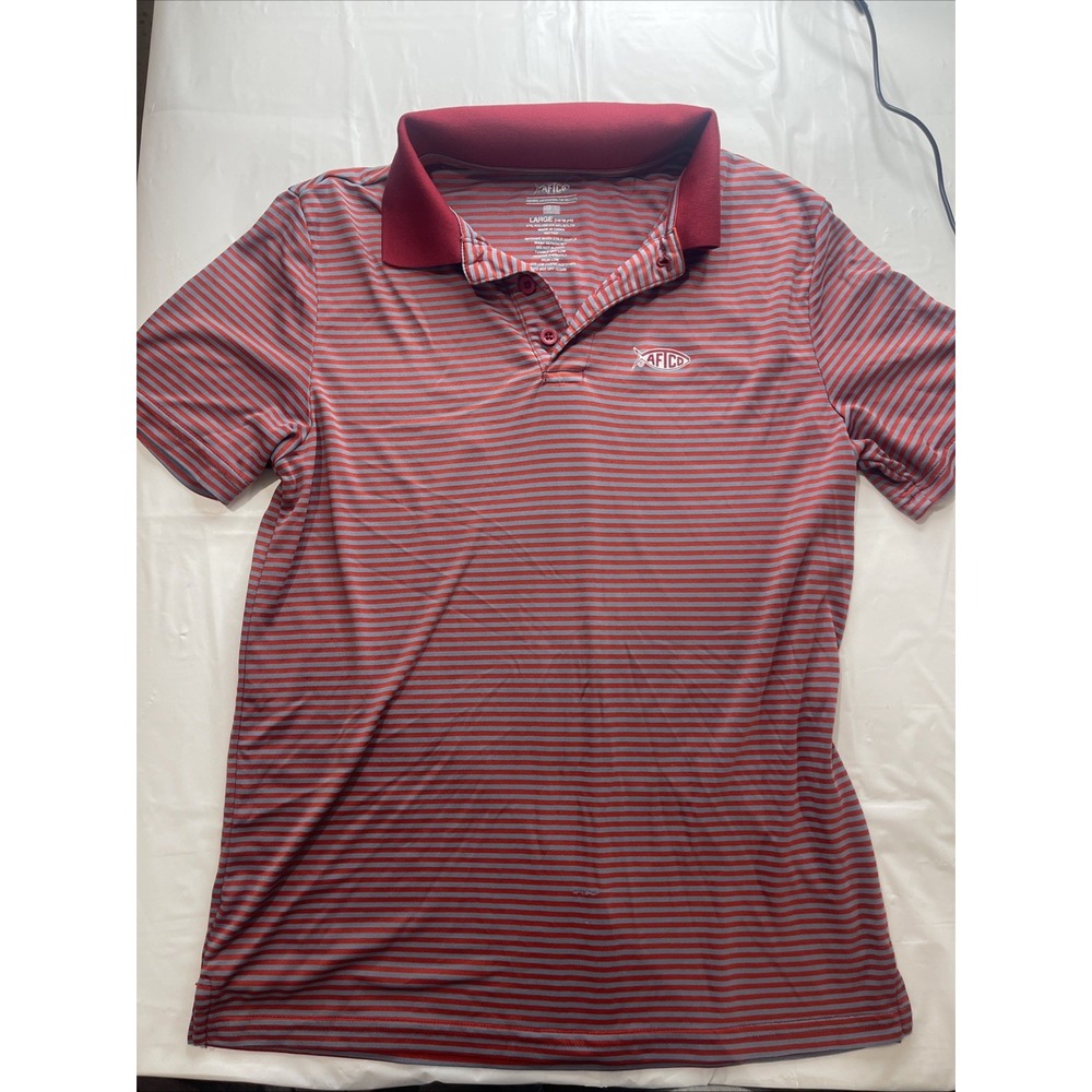 Aftco Polo Shirt Size Youth Large 14/16 Red And Gray Stripes